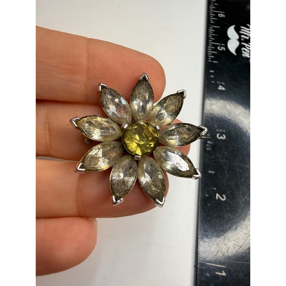 Kramer of New York Flower Brooch Yellow Smoky Gray Rhinestone Silver Tone Daisy